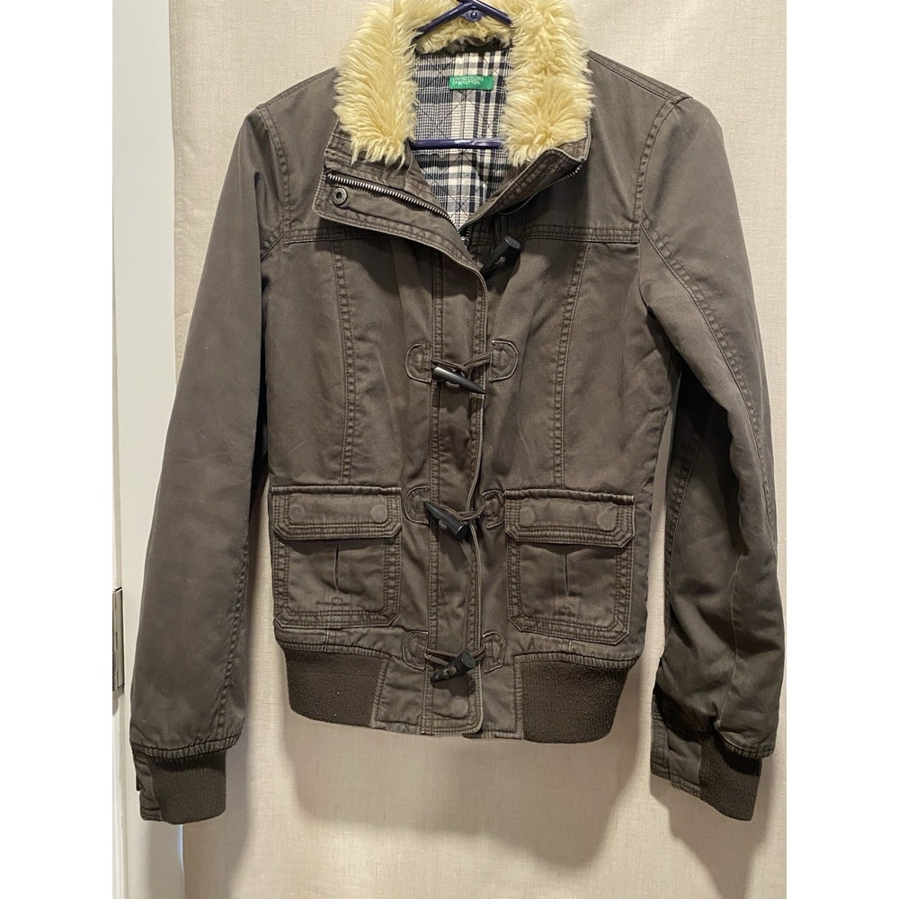 Y2K United Colors of Benetton Women's Sz 6 Cropped Army Green Bomber Jacket